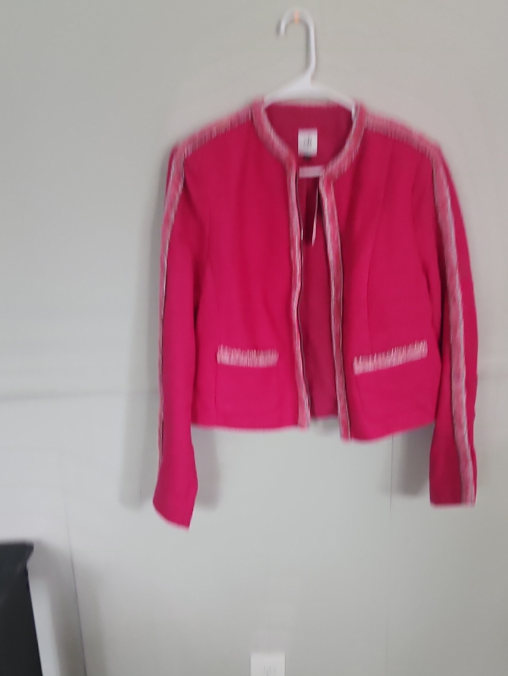 CAbi Bright Fuchsia Collarless Tweed-Trim Jacket